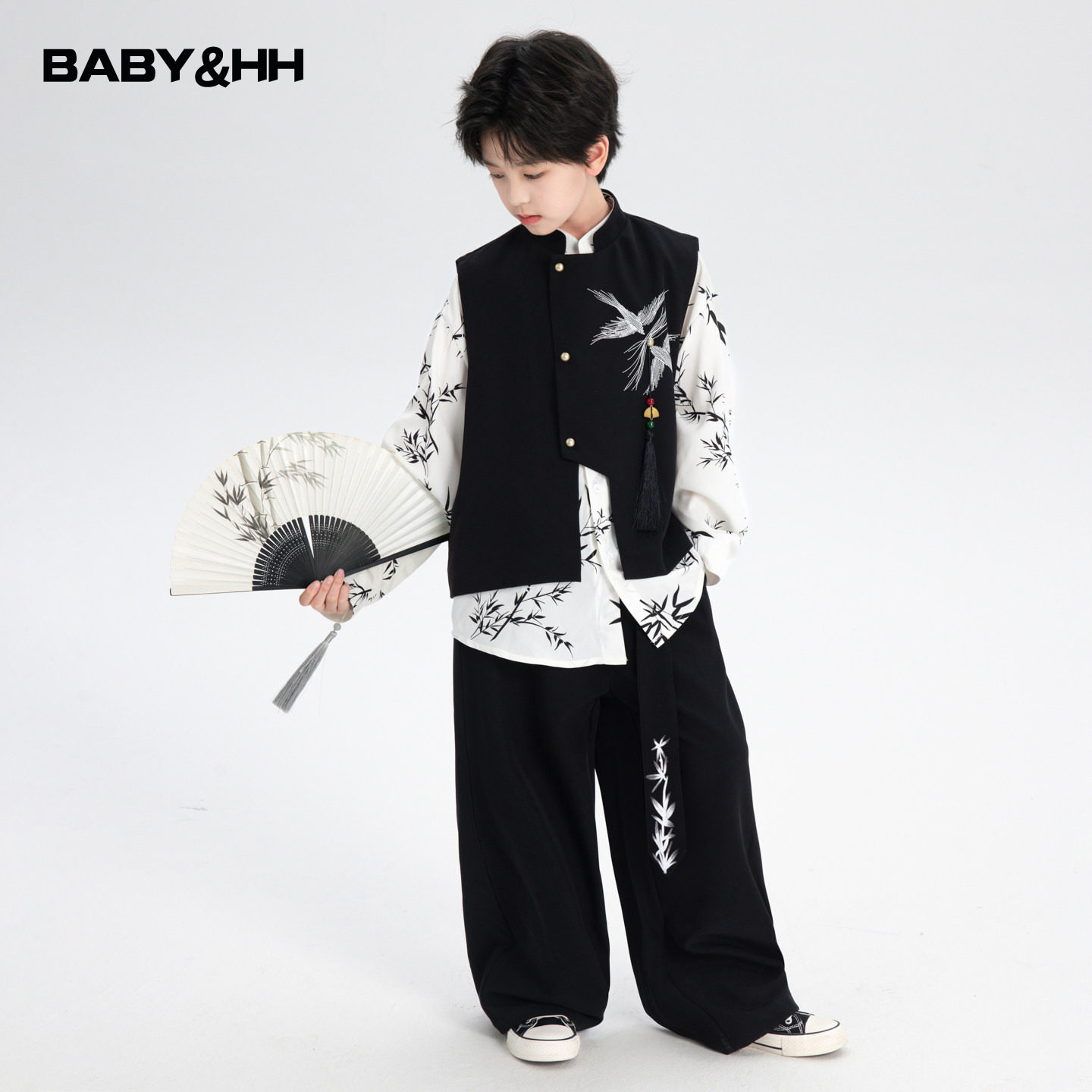 中式国风墨竹长袖汉服唐装三件套										