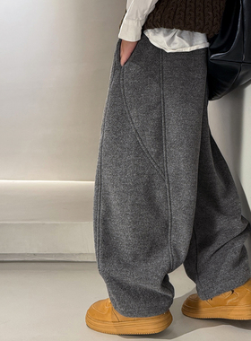 男童冬季韩范灰色加绒运动弯刀卫裤2025新款儿童冬装加厚直筒裤子