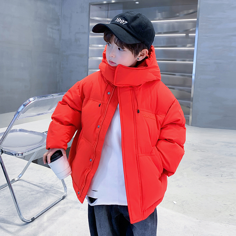 男童冬季红色90白鸭绒短款羽绒服