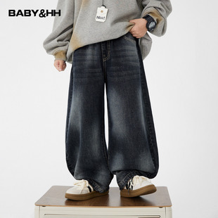 男童秋冬潮牌加绒直筒牛仔裤2025新款青少年儿童加厚宽松阔腿裤子
