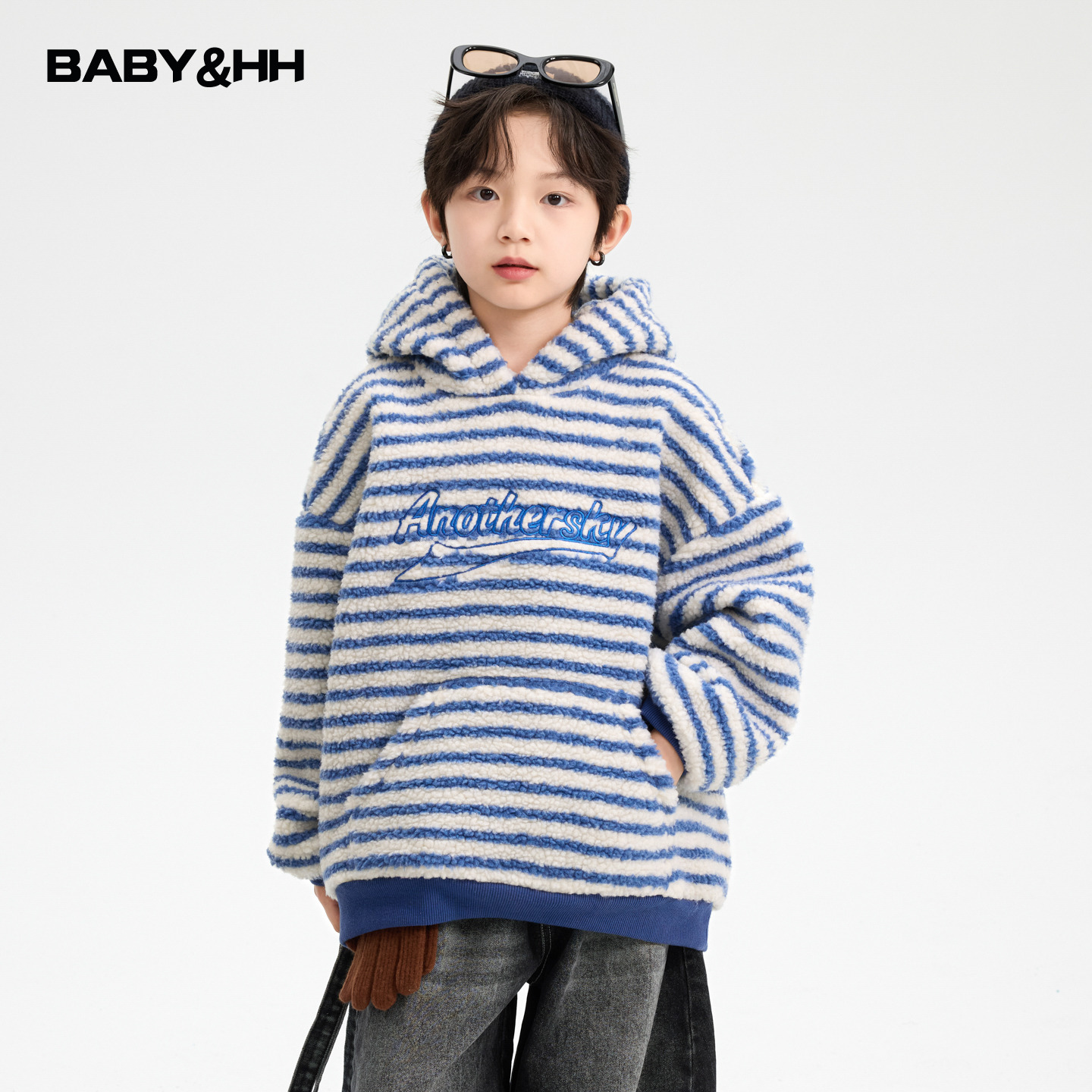 韩范条纹摇粒绒加厚宽松连帽卫衣