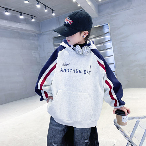 男童秋冬撞色宽松加绒运动卫衣潮