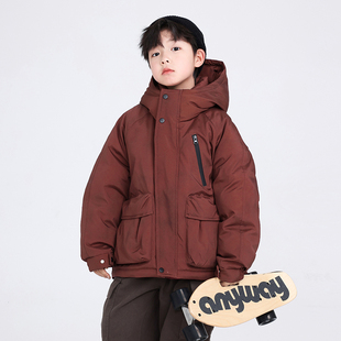 儿童冬装潮酷红色工装冲锋衣羽绒服2025新款男童运动滑雪防寒外套