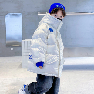 中长款 男孩冬季 潮牌外套 儿童韩范冬装 男童白色亮面羽绒服2025新款