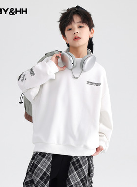 男童秋冬韩范运动白色加绒卫衣2025新款青少年儿童学院风宽松上衣