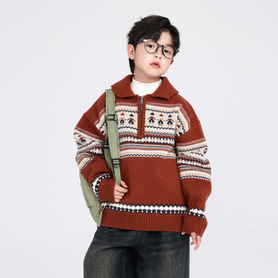 男童冬季加厚撞色半开衫针织毛衣