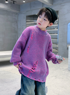 男童秋冬装紫色半高领破洞加厚毛衣2025新款儿童男孩冬季针织衫潮