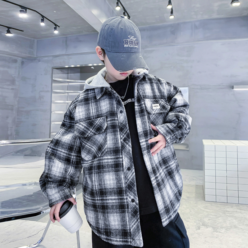 男童冬季韩系格子夹棉加厚棉服潮