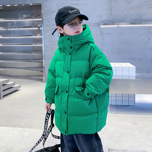男孩冬季 男童加厚冬装 连帽炸街外套 羽绒服2025新款 儿童绿色中长款