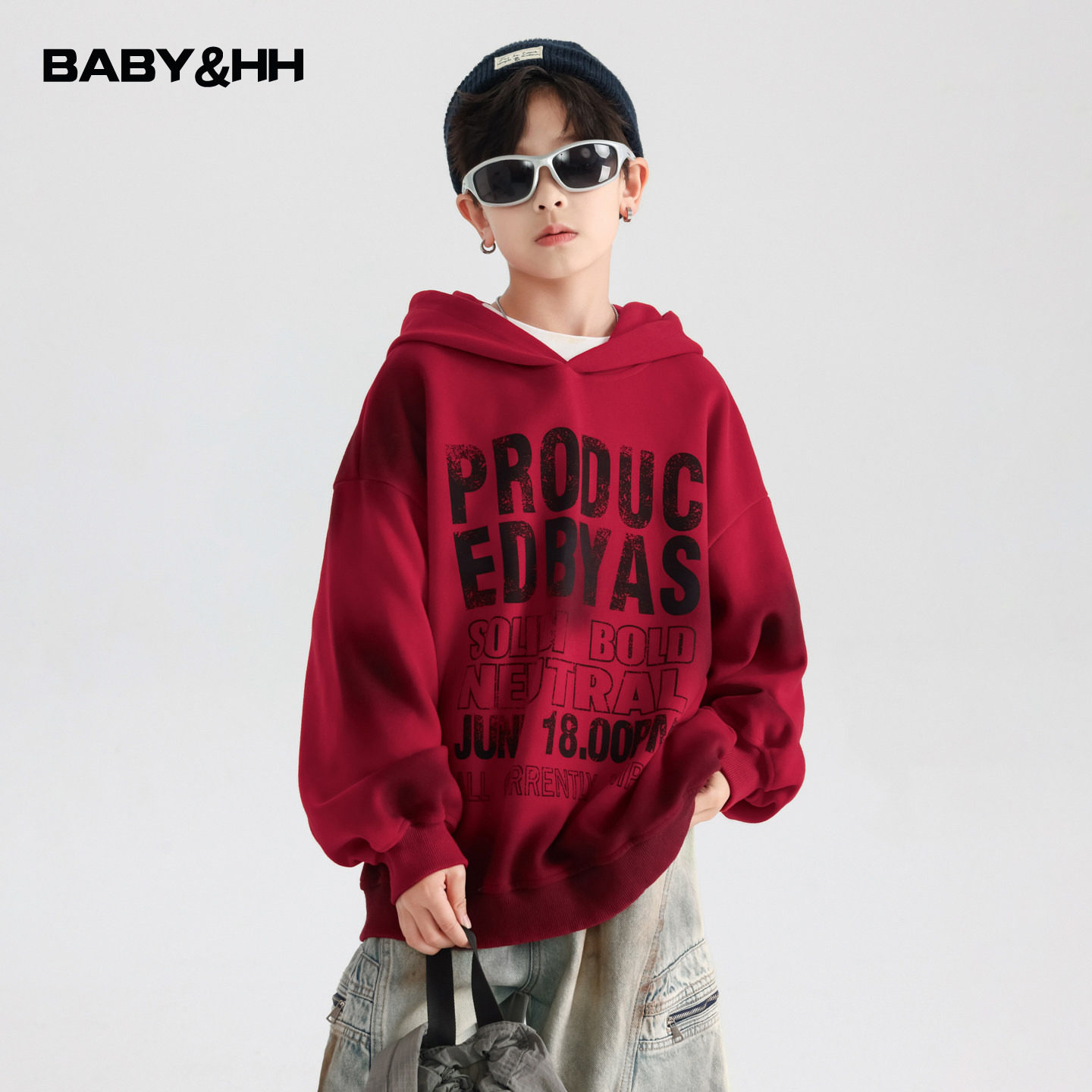 男童秋季红色痞帅渐变运动连帽卫衣2025新款儿童男孩嘻哈宽松上衣