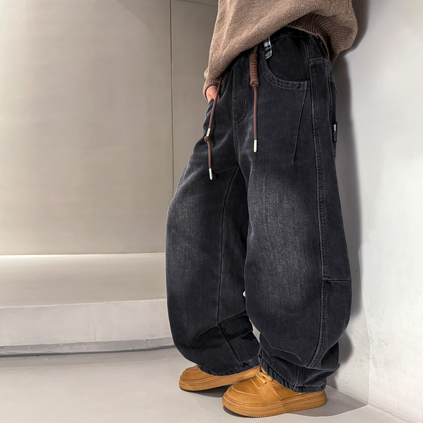 男童冬装潮酷一体绒阔腿弯刀牛仔裤2025新款学生儿童加厚直筒裤子,童装/婴儿装/亲子装,裤子,淘宝优惠券,粉丝福利购,淘宝优惠卷