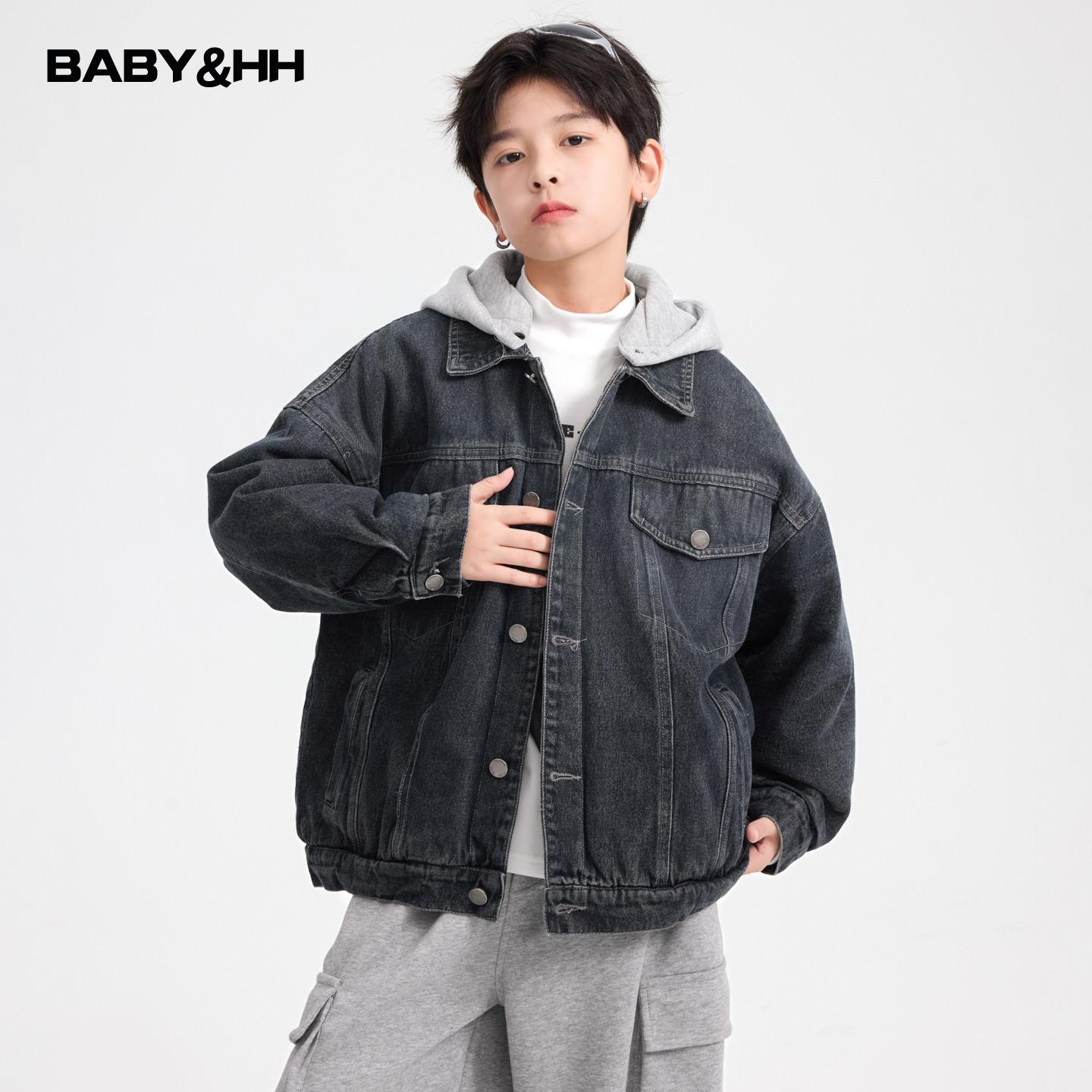 男童冬装潮酷可拆卸连帽牛仔棉服2025新款儿童装加厚工装夹棉外套