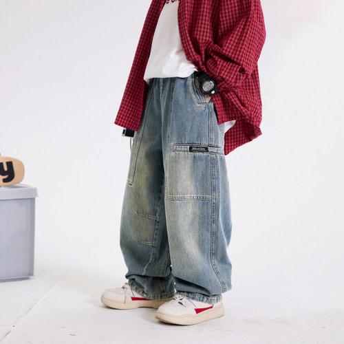 男童春秋潮牌直筒宽松工装牛仔裤