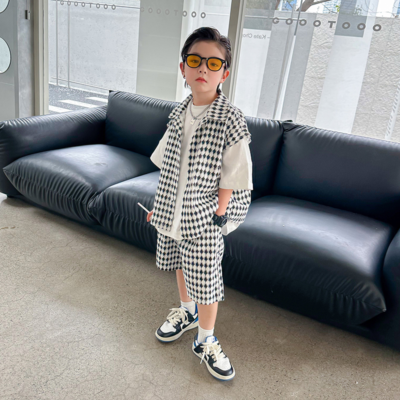 男童夏装千鸟格背心衬衫套装2025新款休闲儿童装夏季韩范痞帅衣服