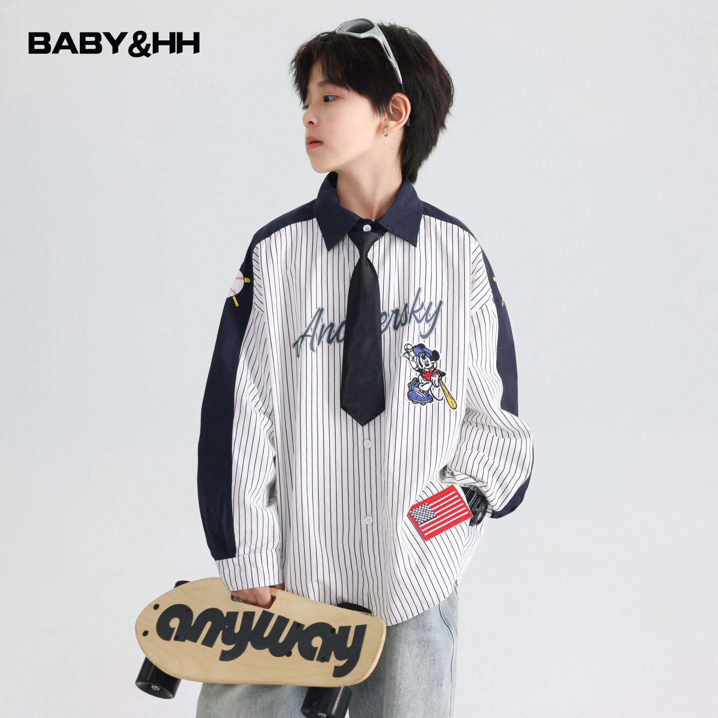 男童秋季韩范撞色条纹米奇长袖衬衫2025新款儿童学生宽松衬衣外套