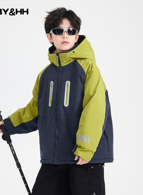 男童冬季撞色兔毛冲锋衣连帽外套2025新款青少年儿童防水防寒棉服
