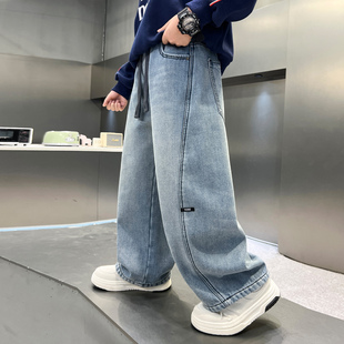 男童冬装韩范加绒直筒弯刀牛仔裤2025新款青少年儿童加厚阔腿裤子