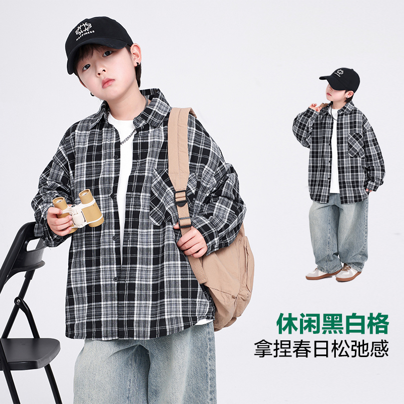 男童春秋韩范长袖格子衬衫2025新款儿童男孩秋装痞帅宽松衬衣外套