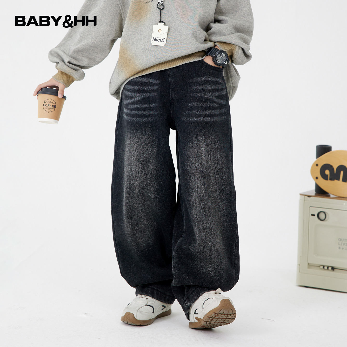 男童秋冬黑色加绒直筒牛仔裤2025新款儿童男孩加厚宽松阔腿裤子潮