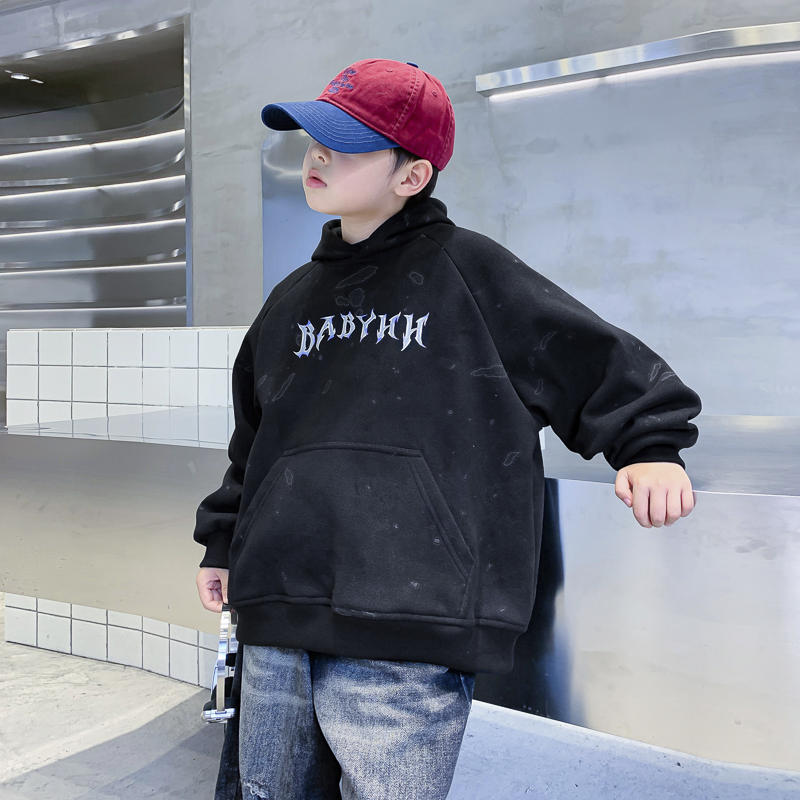 男童秋冬韩范扎染连帽加绒卫衣潮