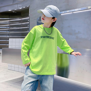 男童早春荧光绿炸街长袖T恤2026新款儿童男孩春秋宽松薄款上衣潮