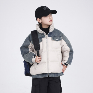 男大童冬装韩系牛仔拼接羽绒服2025新款儿童冬季短款加厚防风外套