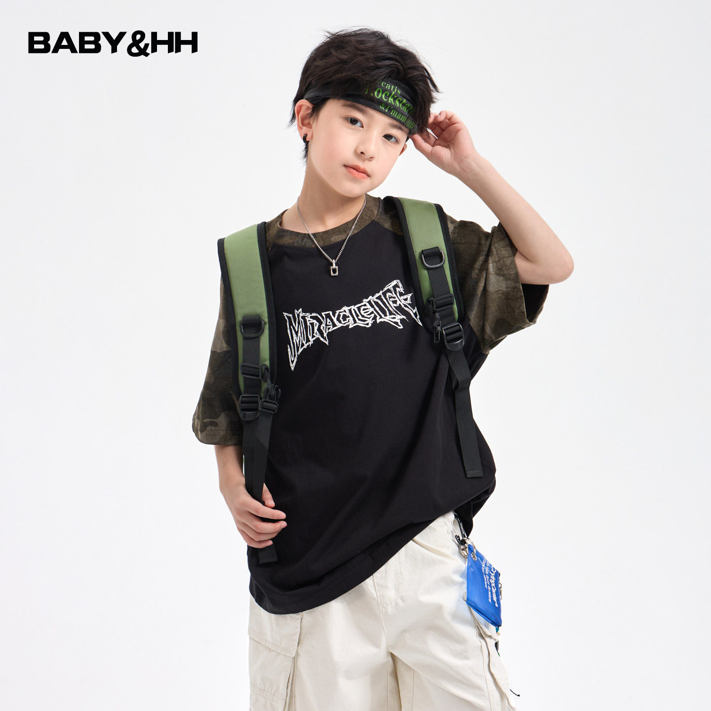 男童夏季迷彩拼接短袖t恤2026新款青少年儿童半袖冰感街舞上衣潮