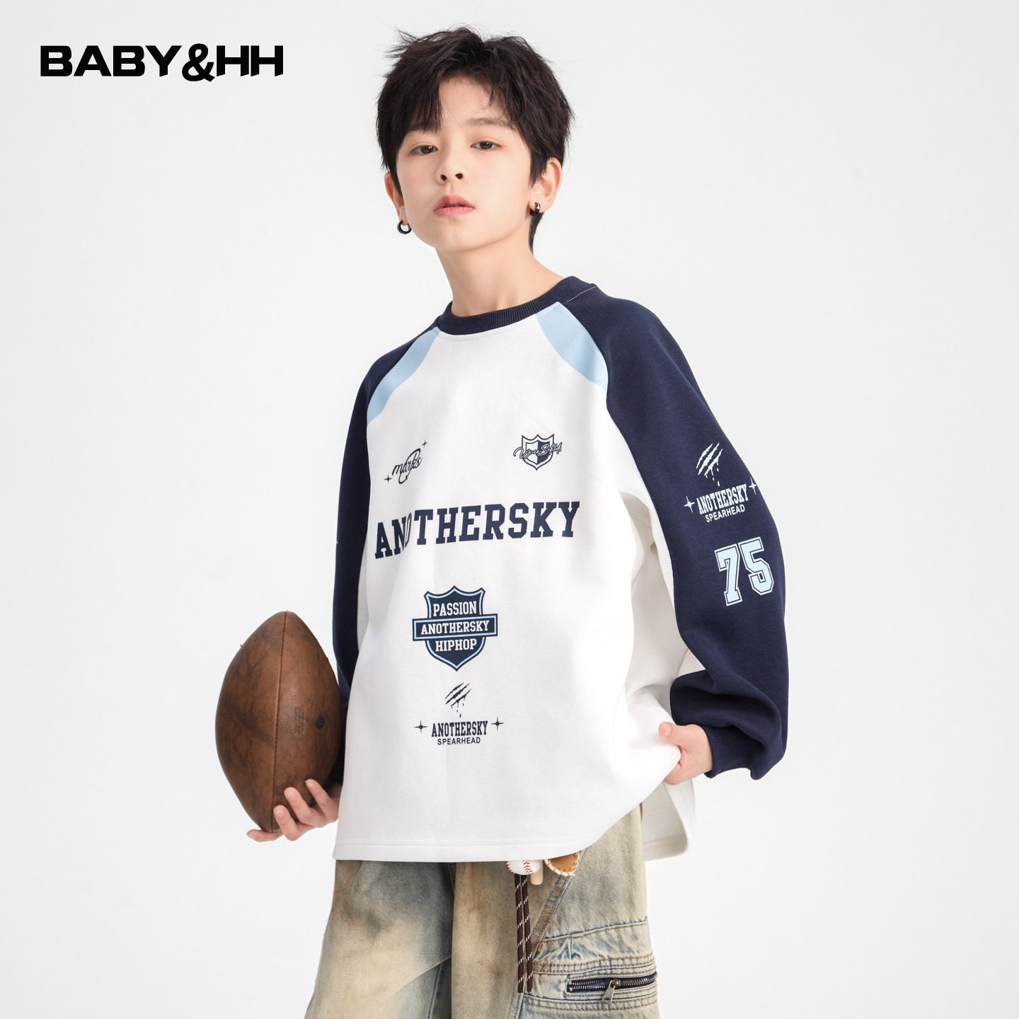 男童春秋潮牌撞色机车风运动卫衣2026新款青少年儿童宽松圆领上衣