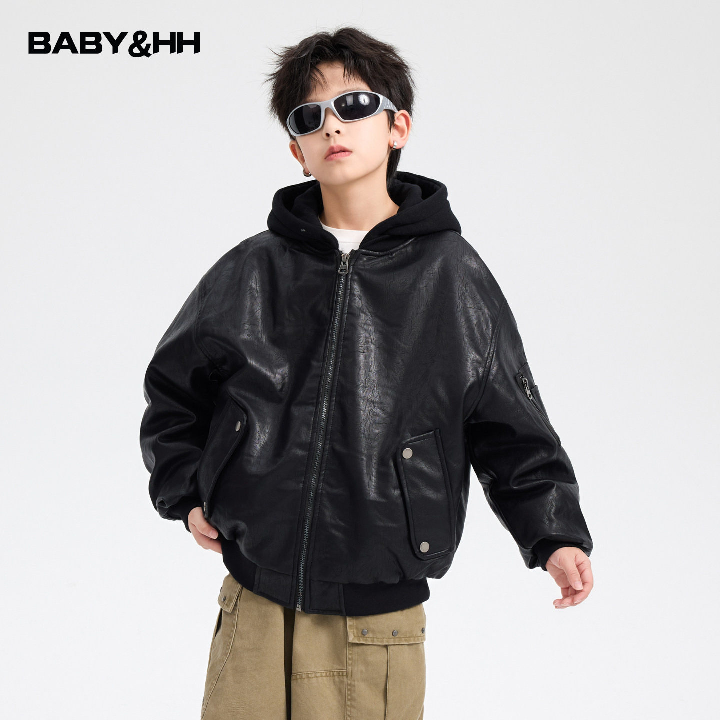 男童冬季机车风连帽皮衣棉服2026新款青少年儿童运动加厚防风外套