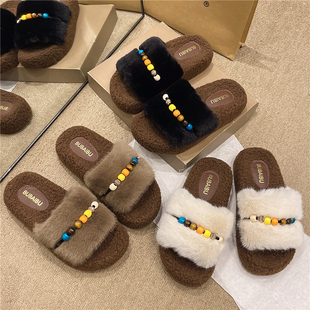 外穿毛毛拖 9珠串带居家保暖棉拖鞋 秋冬新款 8826