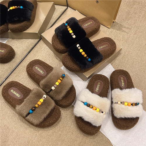 2025秋冬新款8826-9珠串带居家保暖棉拖鞋外穿毛毛拖