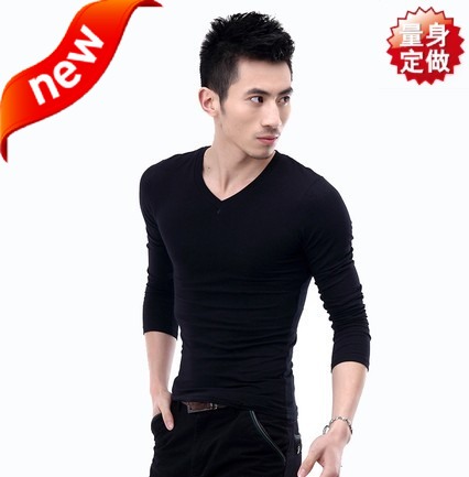 男士韩版紧身黑色百搭v领长袖t恤