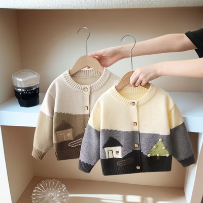儿童毛衣外套2025春秋新款男童宽松针织开衫拼色外穿宝宝长袖外套