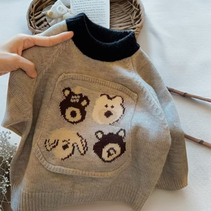 男童毛衣秋冬加厚儿童针织衫加绒打底衫婴儿洋气卡通内搭衣服