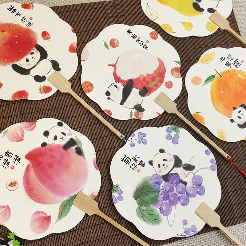中式文创国潮古风扇子 国风熊猫团扇画纸水果创意文案汉服手持扇