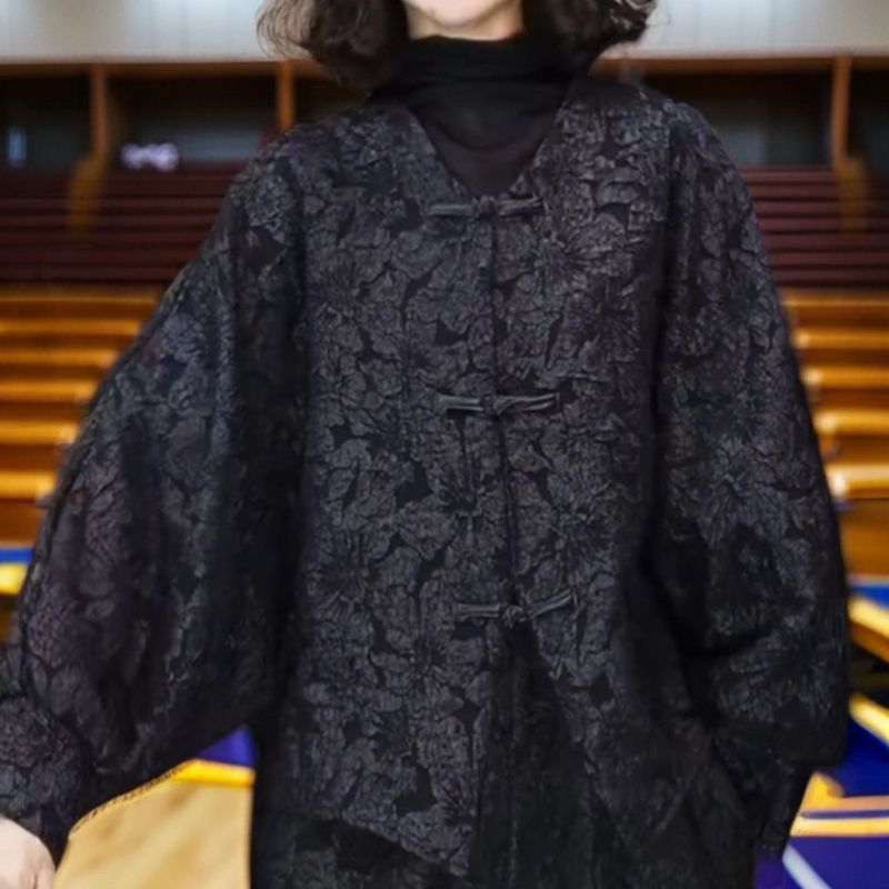 中式提花时尚外套上衣女2024秋季民族风盘扣长袖浮雕花宽松外搭