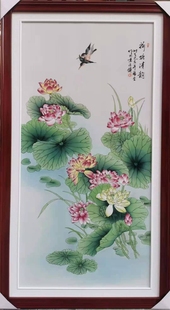 饰画摆设荷塘清韵 景德镇陶瓷瓷板画手绘荷花竖条客厅挂画装