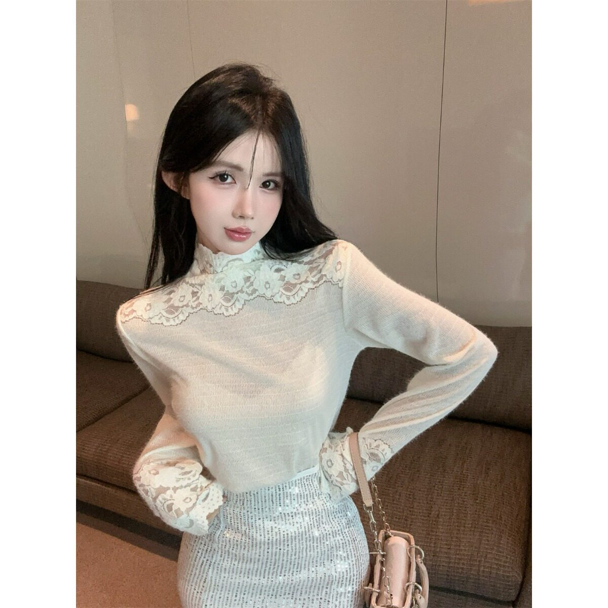 蕾丝高领长袖百搭打底衫上衣2024秋冬季新款休闲宽松长袖T恤套头,女装/女士精品,T恤,淘宝优惠券,粉丝福利购,淘宝优惠卷