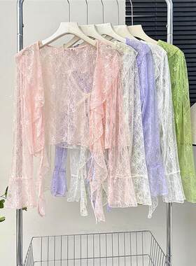 镂空勾花系带蕾丝衫女夏季