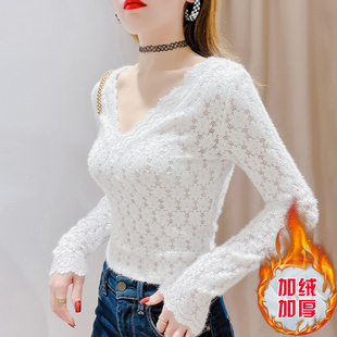 低领蕾丝打底衫女内搭秋冬洋气性感罩衣加绒加厚绝美v领网纱上衣
