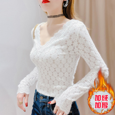 低领蕾丝打底衫女内搭秋冬洋气性感罩衣加绒加厚绝美v领网纱上衣