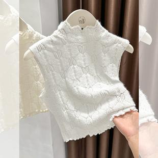 秋冬 背心木耳边打底衫 半高领蕾丝磨毛假领子女内搭配毛衣短款 无袖