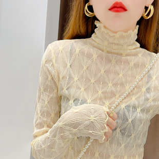高领蕾丝打底衫 女2022春秋洋气木耳边纱衣内搭加绒性感网纱上衣
