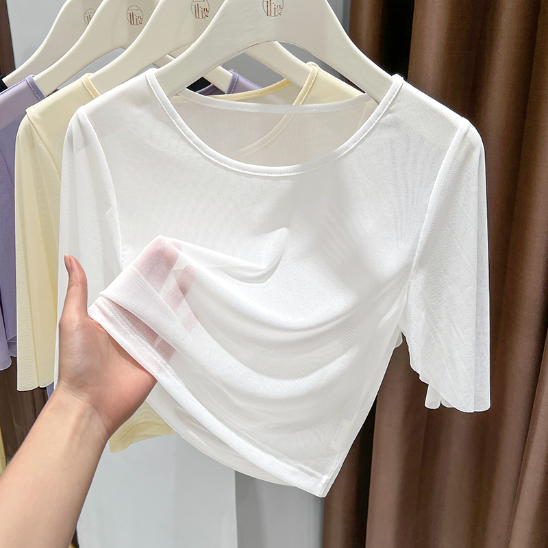 白色吊带网纱薄款罩衫短袖正肩女t恤2025超火减龄五分袖气质上衣