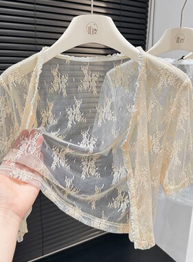 黑色短款蕾丝罩衫配裙子夏季新款提花短袖上衣小个子薄纱披肩开衫