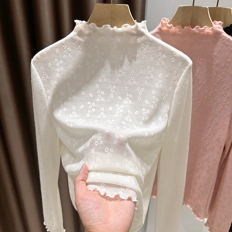 杏色半高领秋冬蕾丝薄款提花软糯