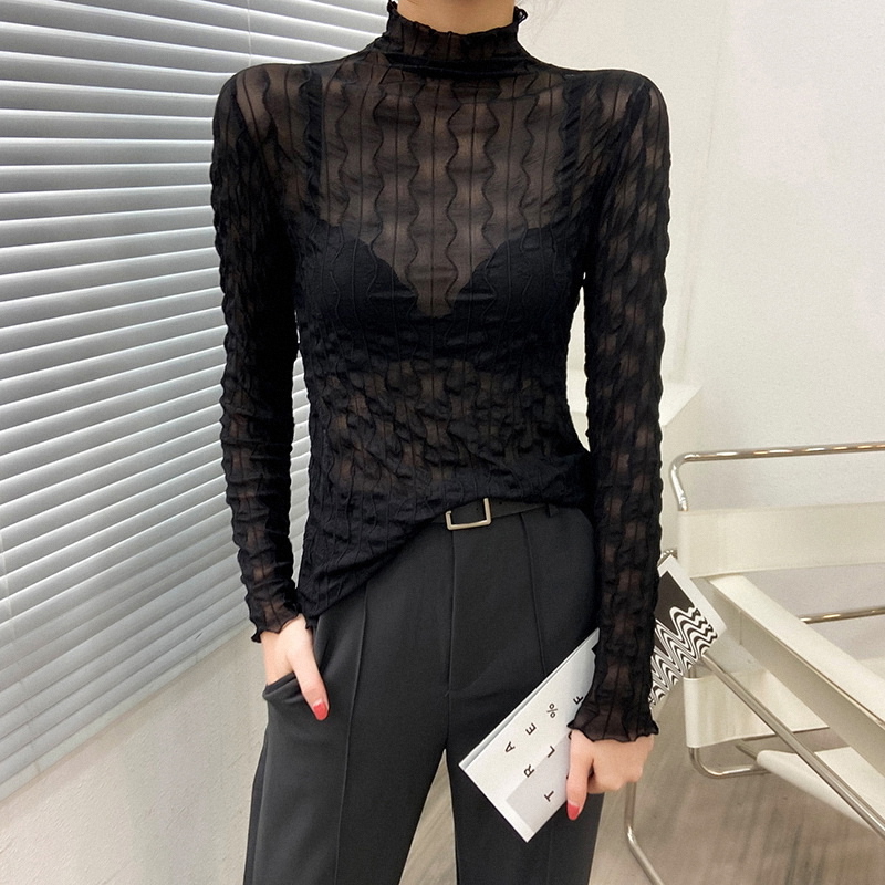 蕾丝高领打底衫女秋冬欧货爗款内搭性感洋气薄款微透t恤透视上衣