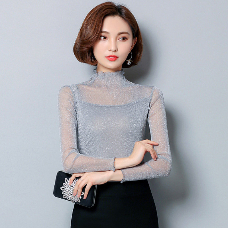 2023春季装新款韩版修身大码加绒网纱金银丝打底衫女长袖t恤纱衣