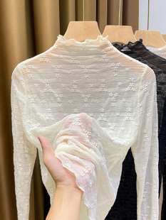 欧货半高领网纱蕾丝打底衫女长袖2023秋装新款修身菱格木耳边上衣