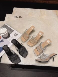 珍琳月2026新款 女夏银色方头高跟一字 网面透明水钻外穿坡跟凉拖鞋